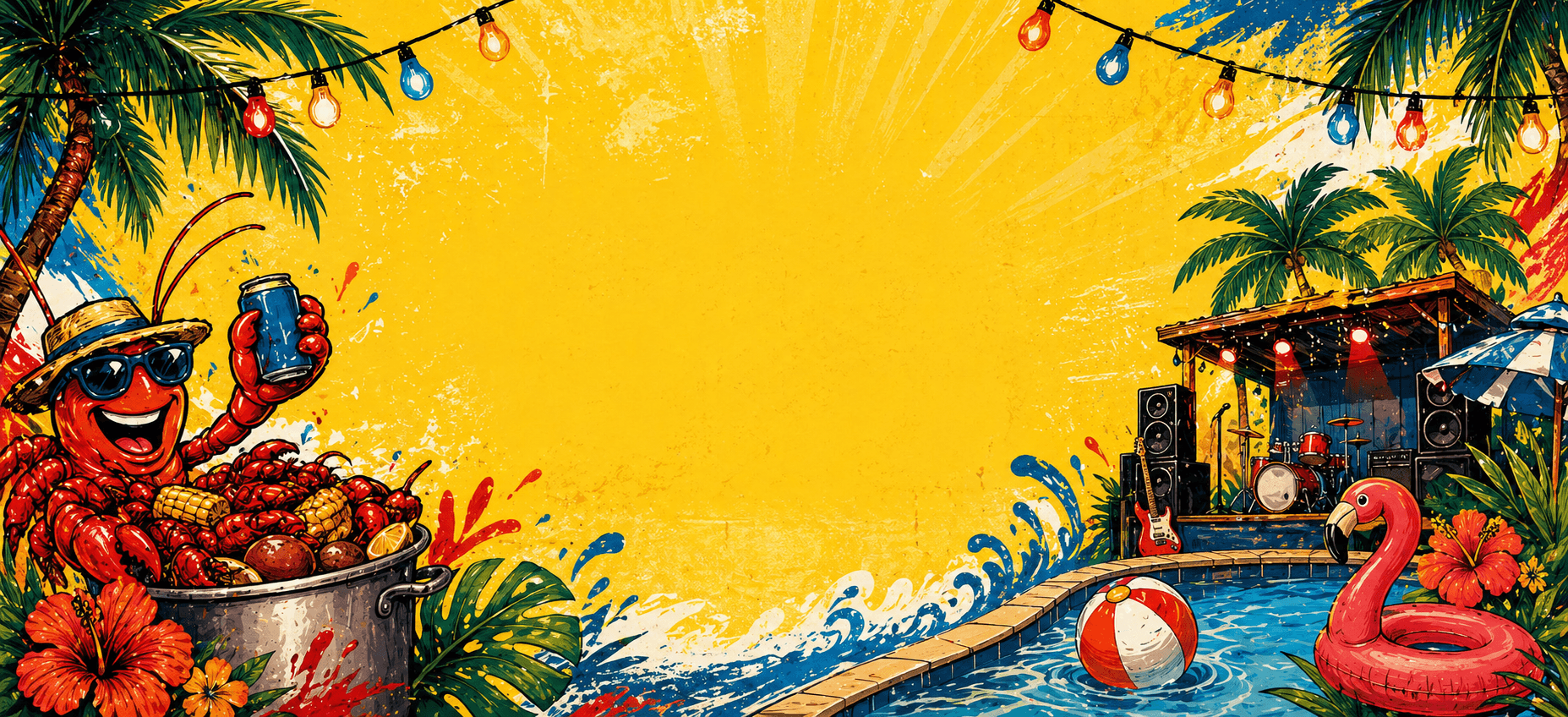Illustrated Bubelpalooza scene with crawfish, poolside party details, string lights, palms, and a live music stage.