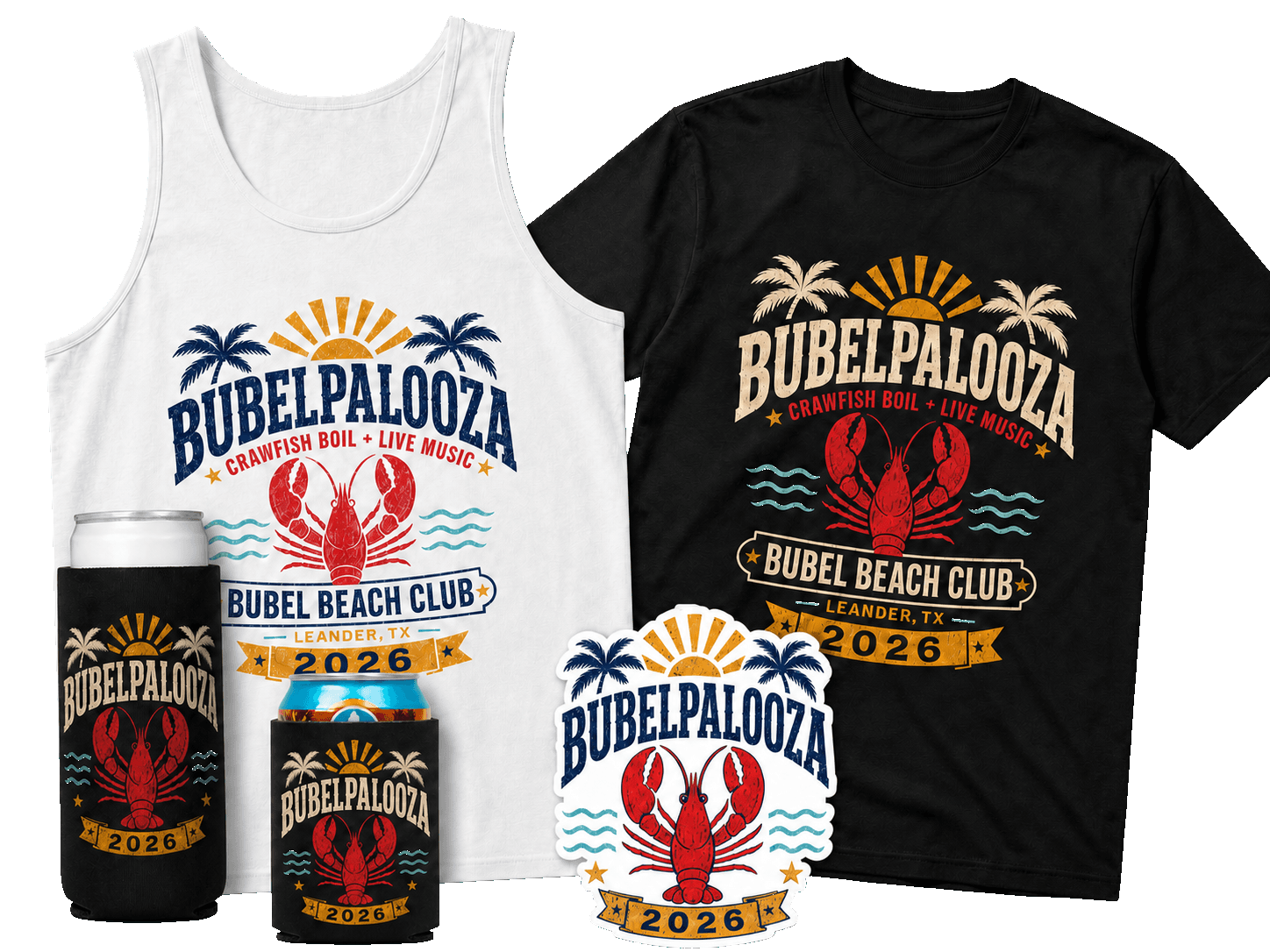 Bubelpalooza ultimate package merch with event shirts, koozies, and sticker.